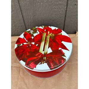 Vintage Red Holiday Tin With Poinsettias & Candle 8" D Winter Christmas